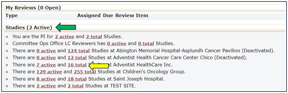 Screenshot of the Studies section of the user dashboard in IRBManager